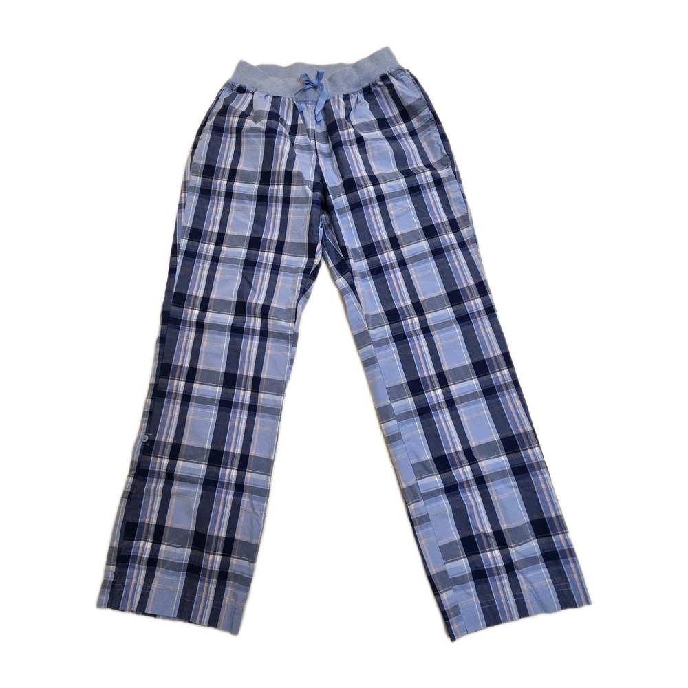 LL Bean Womens S Lounge Pants Cotton Pajama Percale Pockets Roll Tab Blue Plaid